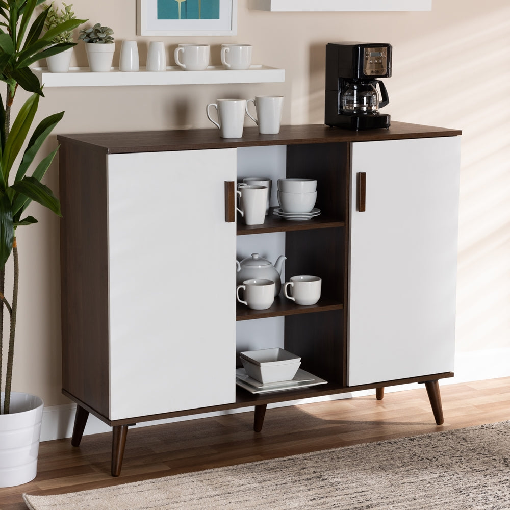 Baxton Studio Quinn Mid-Century Modern Two-Tone White And Walnut Finished 2-Door Wood Dining Room Sideboard