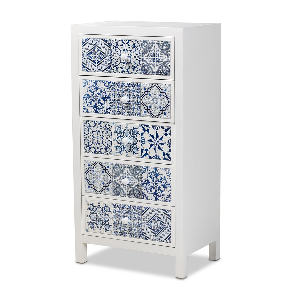 Baxton Studio Alma Spanish Mediterranean Inspired White Wood And Blue Floral Tile Style 5-Drawer Accent Storage Cabinet