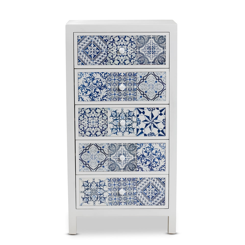 Baxton Studio Alma Spanish Mediterranean Inspired White Wood And Blue Floral Tile Style 5-Drawer Accent Storage Cabinet