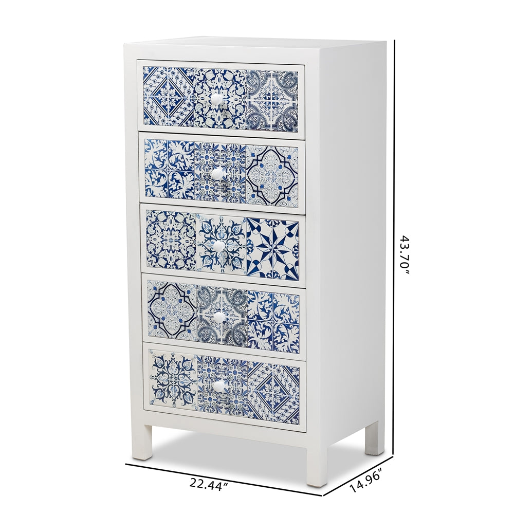 Baxton Studio Alma Spanish Mediterranean Inspired White Wood And Blue Floral Tile Style 5-Drawer Accent Storage Cabinet