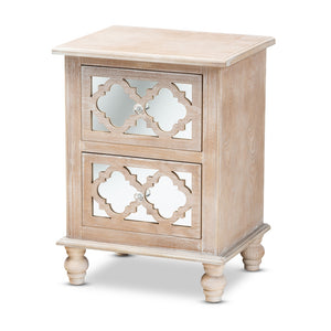 Baxton Studio Celia Transitional Rustic French Country Wood and Mirror 2-Drawer Quatrefoil Nightstand