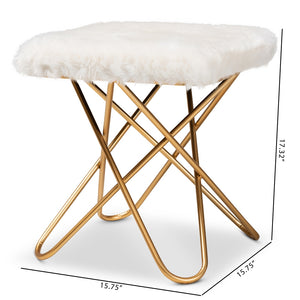 Baxton Studio Valle Glam And Luxe White Faux Fur Upholstered Gold Finished Metal Ottoman