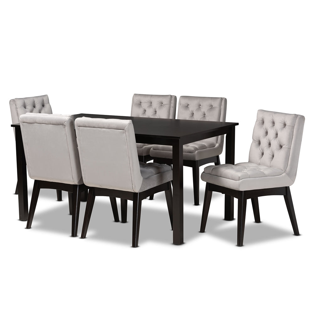 Baxton Studio Makar Modern Transitional Velvet Fabric Upholstered and Finished Wood 7-Piece Dining Set