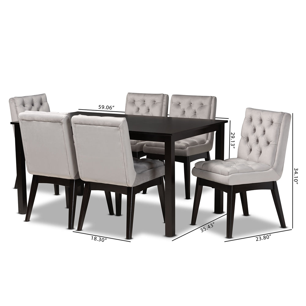 Baxton Studio Makar Modern Transitional Light Grey Velvet Fabric Upholstered And Dark Brown Finished Wood 7-Piece Dining Set