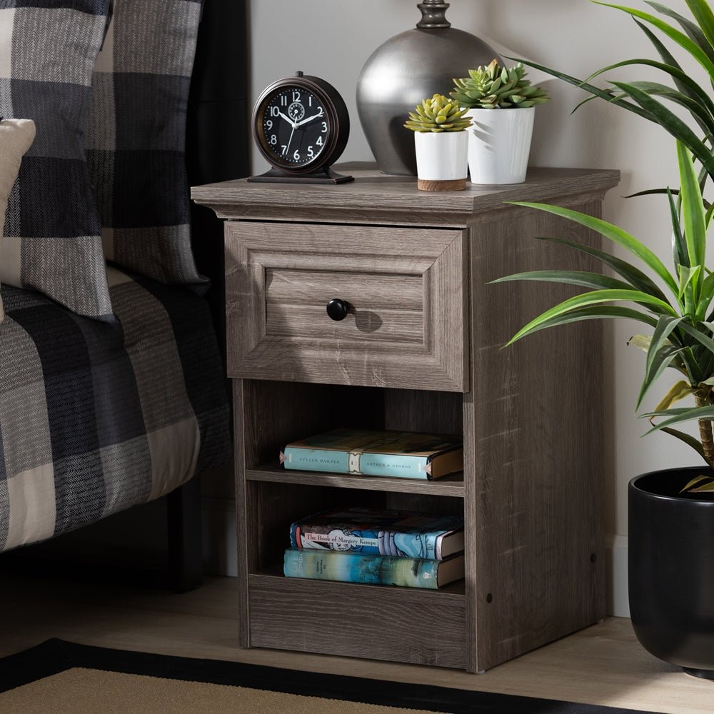 Baxton Studio Dara Traditional Transitional Grey Brown Oak Finished 1-Drawer Wood Nightstand