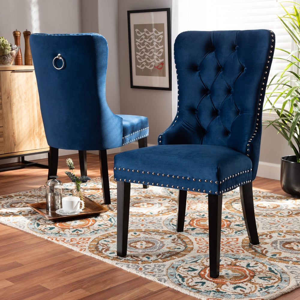 Baxton Studio Remy Modern Transitional Navy Blue Velvet Fabric Upholstered Espresso Finished 2-Piece Wood Dining Chair Set