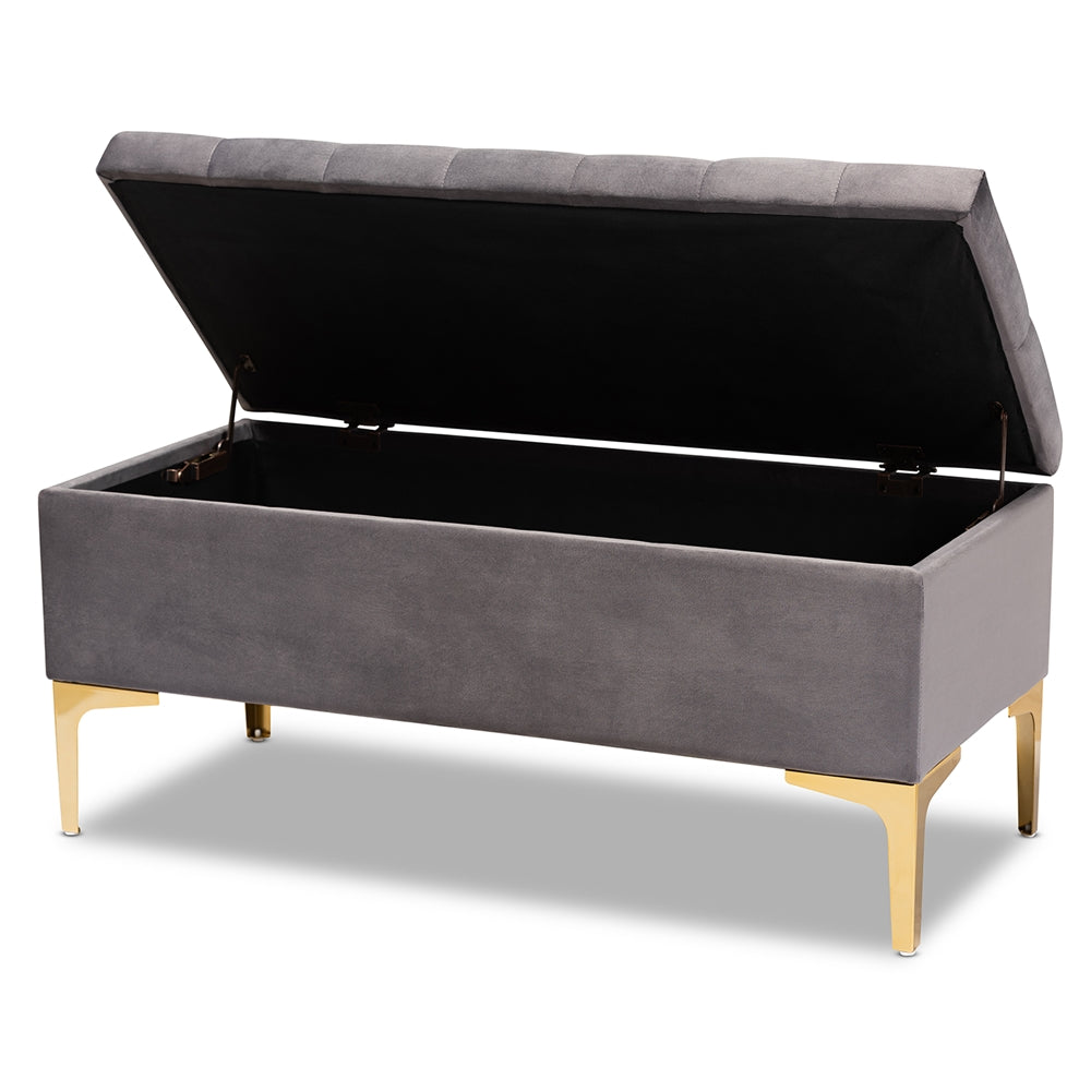 Baxton Studio Valere Glam And Luxe Grey Velvet Fabric Upholstered Gold Finished Button Tufted Storage Ottoman