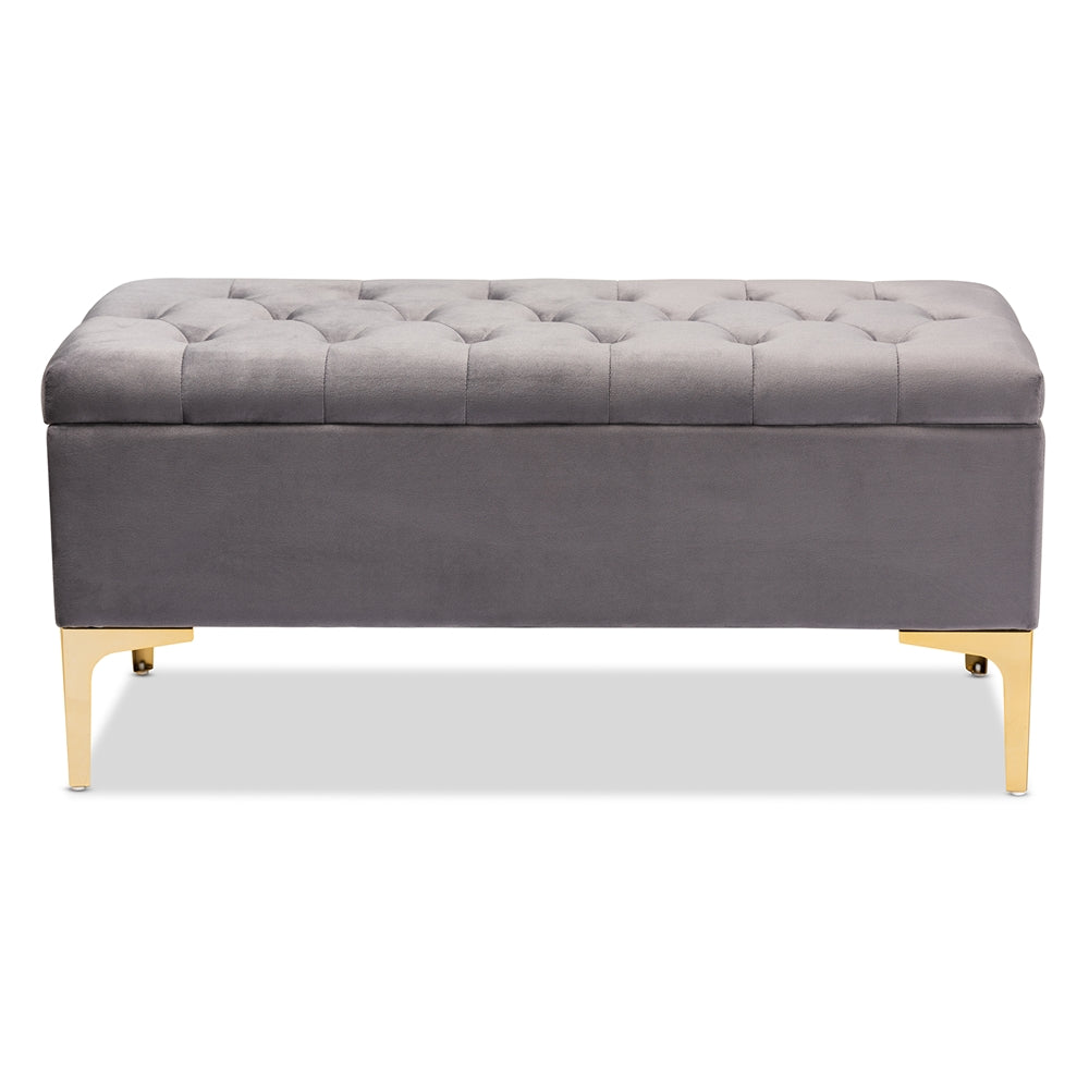 Baxton Studio Valere Glam And Luxe Grey Velvet Fabric Upholstered Gold Finished Button Tufted Storage Ottoman