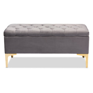 Baxton Studio Valere Glam And Luxe Grey Velvet Fabric Upholstered Gold Finished Button Tufted Storage Ottoman