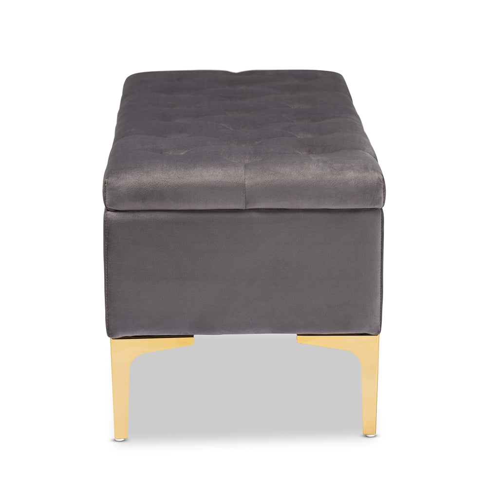 Baxton Studio Valere Glam And Luxe Grey Velvet Fabric Upholstered Gold Finished Button Tufted Storage Ottoman