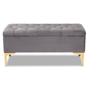 Baxton Studio Valere Glam And Luxe Grey Velvet Fabric Upholstered Gold Finished Button Tufted Storage Ottoman