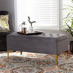 Load image into Gallery viewer, BAXTON STUDIO VALERE GLAM AND LUXE GREY VELVET FABRIC UPHOLSTERED GOLD FINISHED BUTTON TUFTED STORAGE OTTOMAN
