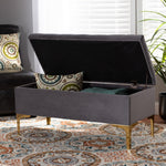 Load image into Gallery viewer, Baxton Studio Valere Glam And Luxe Grey Velvet Fabric Upholstered Gold Finished Button Tufted Storage Ottoman
