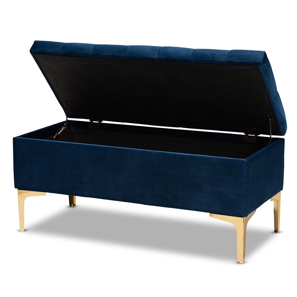 Baxton Studio Valere Glam And Luxe Navy Blue Velvet Fabric Upholstered Gold Finished Button Tufted Storage Ottoman