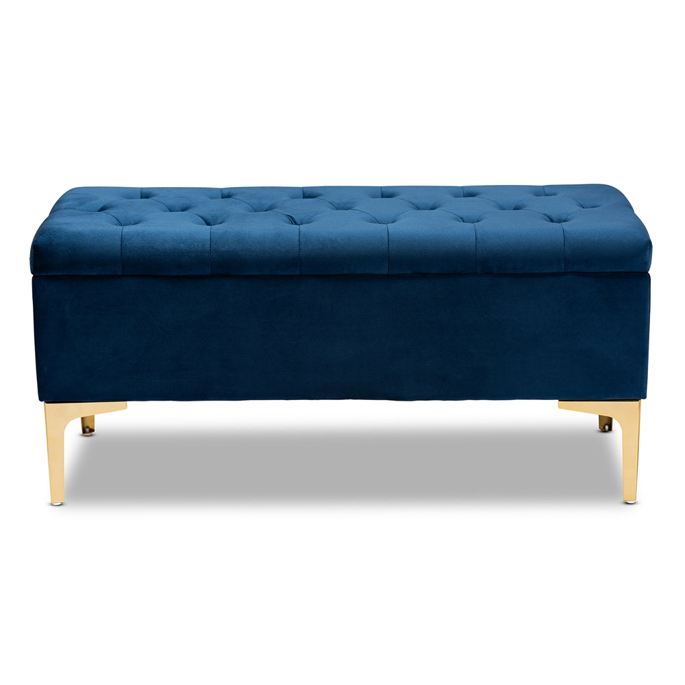 Baxton Studio Valere Glam And Luxe Navy Blue Velvet Fabric Upholstered Gold Finished Button Tufted Storage Ottoman