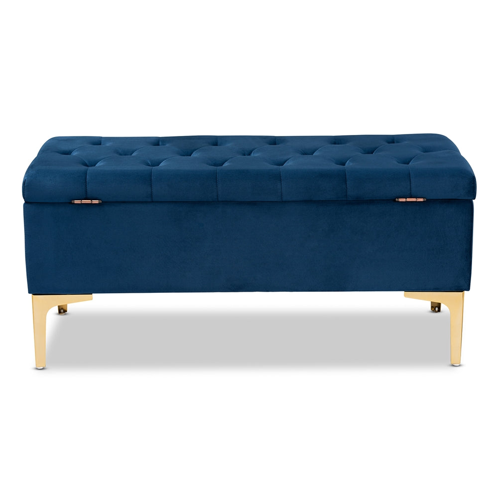 Baxton Studio Valere Glam And Luxe Navy Blue Velvet Fabric Upholstered Gold Finished Button Tufted Storage Ottoman