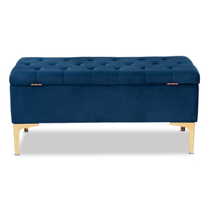 Baxton Studio Valere Glam And Luxe Navy Blue Velvet Fabric Upholstered Gold Finished Button Tufted Storage Ottoman