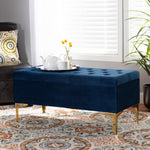 Load image into Gallery viewer, BAXTON STUDIO VALERE GLAM AND LUXE NAVY BLUE VELVET FABRIC UPHOLSTERED GOLD FINISHED BUTTON TUFTED STORAGE OTTOMAN
