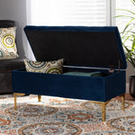 Load image into Gallery viewer, Baxton Studio Valere Glam And Luxe Navy Blue Velvet Fabric Upholstered Gold Finished Button Tufted Storage Ottoman
