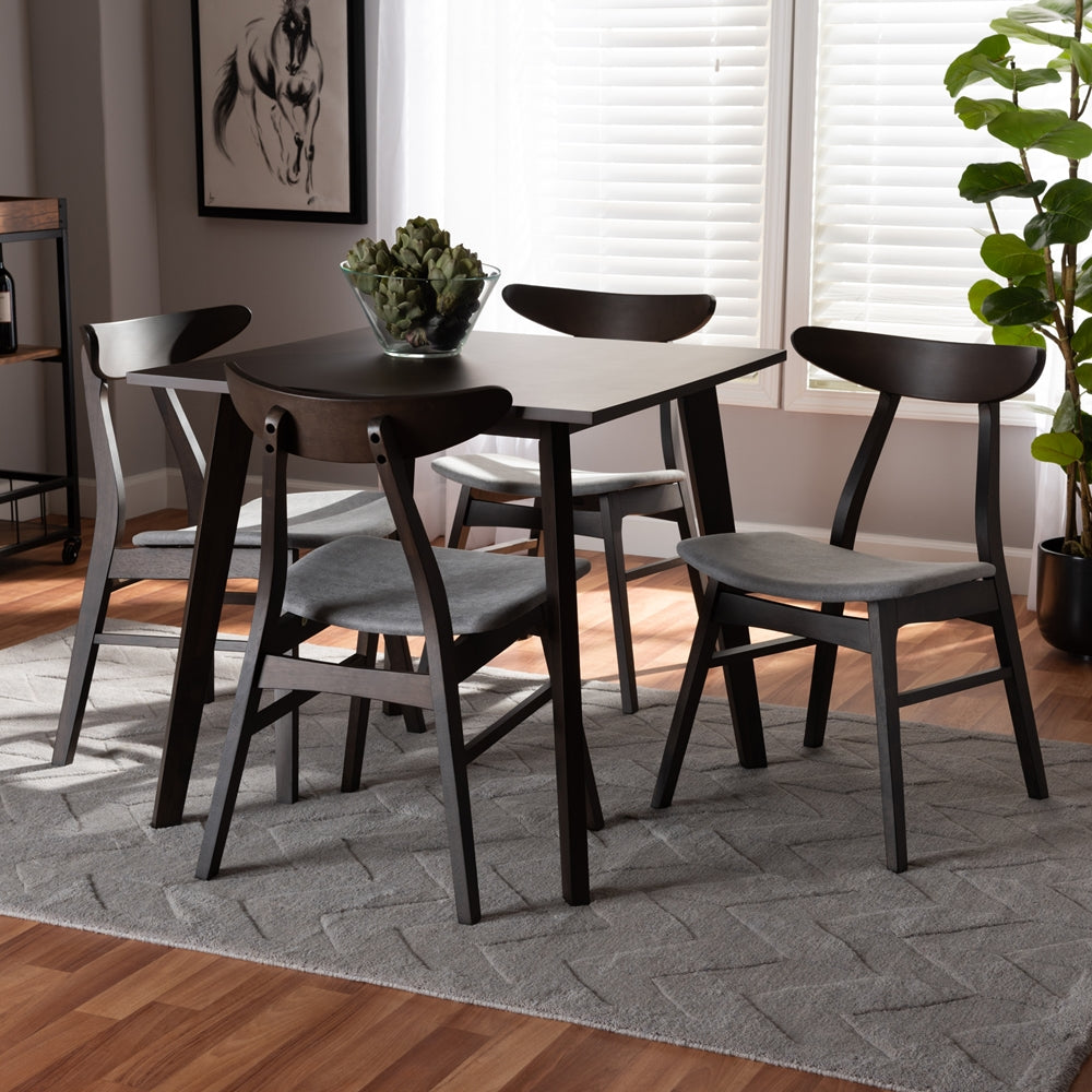 Baxton Studio Britte Mid-Century Modern Light Grey Fabric Upholstered Dark Oak Brown Finished 5-Piece Wood Dining Set