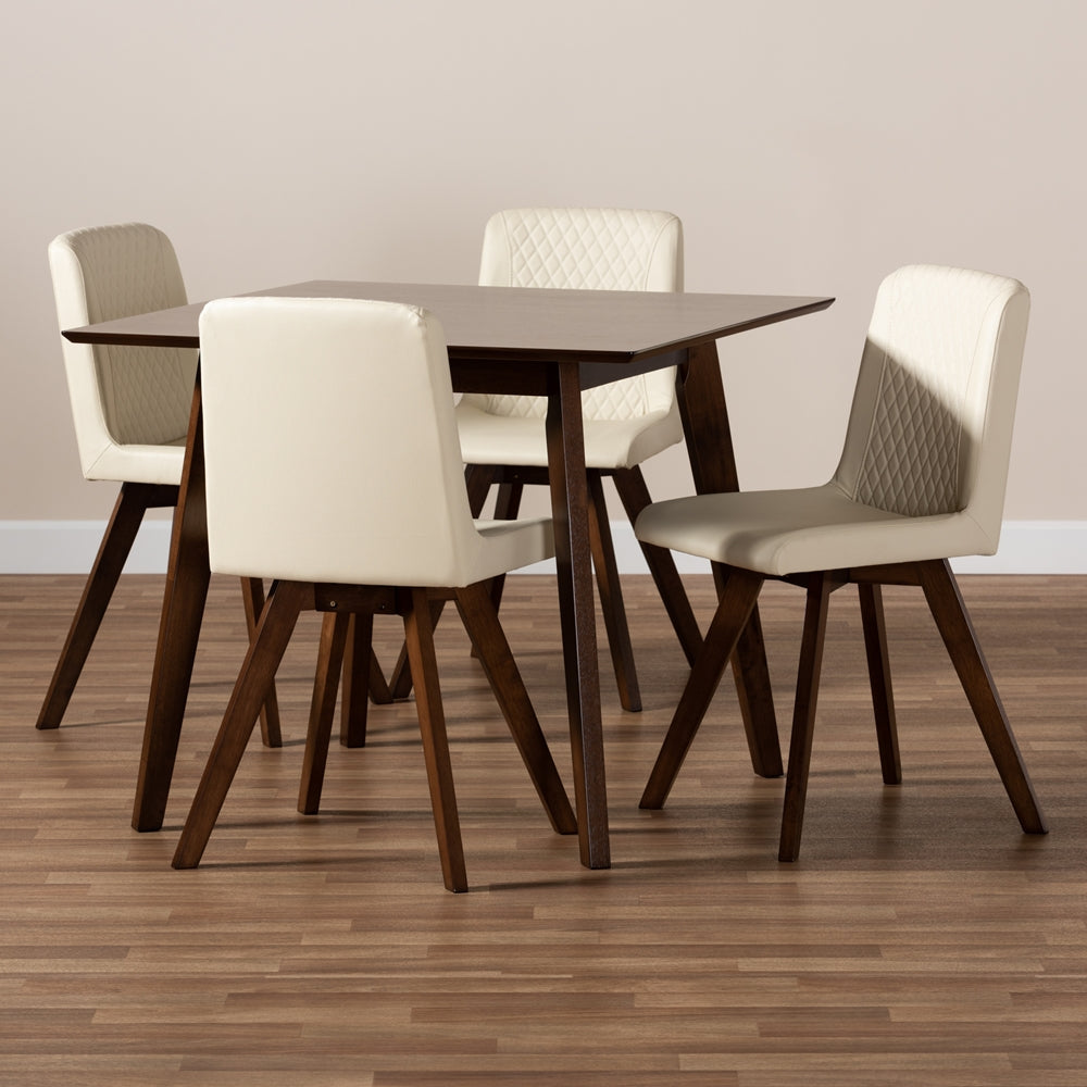 Baxton Studio Pernille Modern Transitional Cream Faux Leather Upholstered Walnut Finished Wood 5-Piece Dining Set