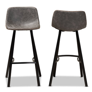 Baxton Studio Tani Rustic Industrial Grey And Brown Faux Leather Upholstered Black Finished 2-Piece Metal Bar Stool Set