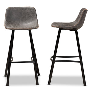 Baxton Studio Tani Rustic Industrial Grey And Brown Faux Leather Upholstered Black Finished 2-Piece Metal Bar Stool Set