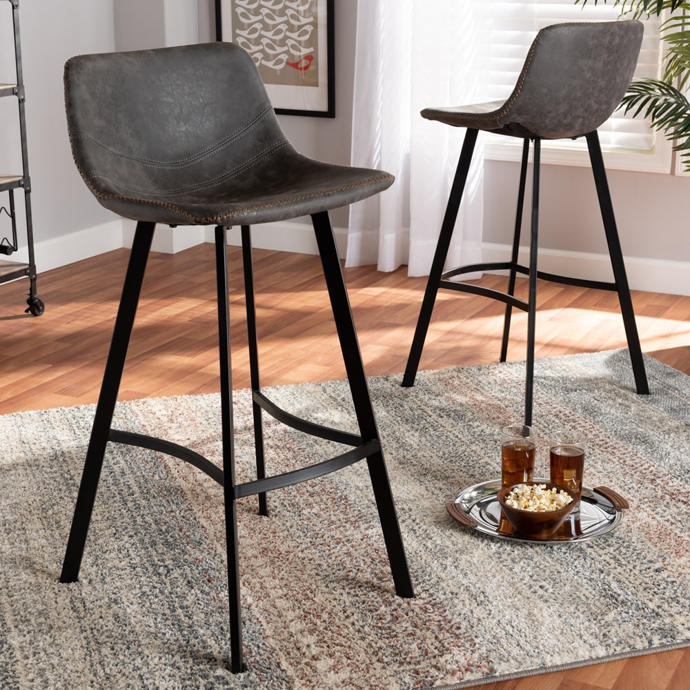 Baxton Studio Tani Rustic Industrial Grey And Brown Faux Leather Upholstered Black Finished 2-Piece Metal Bar Stool Set