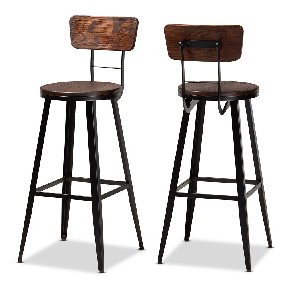 Baxton Studio Kenna Vintage Rustic Industrial Wood And Black Metal Finished 2-Piece Metal Bar Stool Set