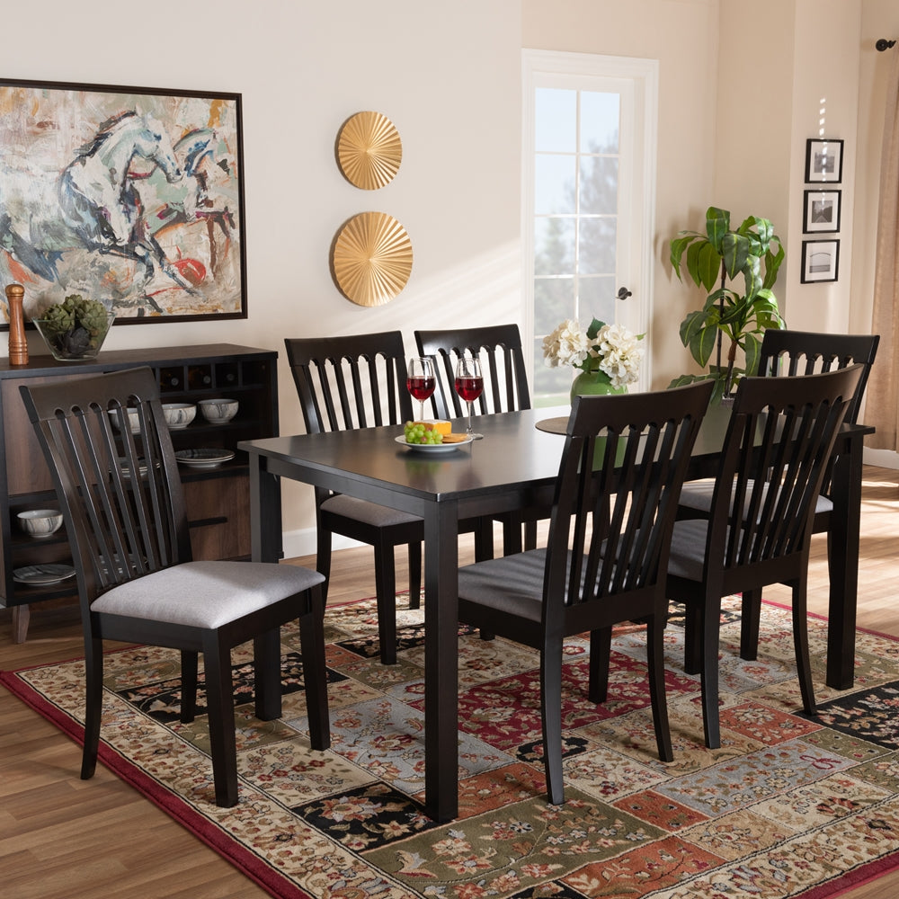 Baxton Studio Minette Modern And Contemporary Gray Fabric Upholstered And Espresso Brown Finished Wood 7-Piece Dining Set