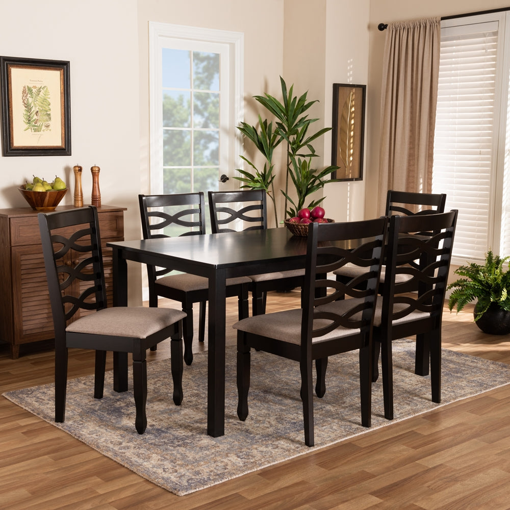 Baxton Studio Lanier Modern And Contemporary Sand Fabric Upholstered Dark Brown Finished Wood 7-Piece Dining Set