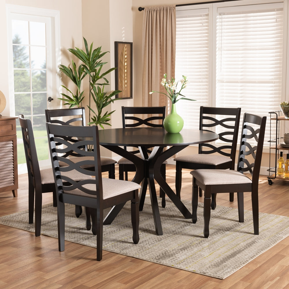 Baxton Studio Mila Modern And Contemporary Sand Fabric Upholstered Dark Brown Finished Wood 7-Piece Dining Set