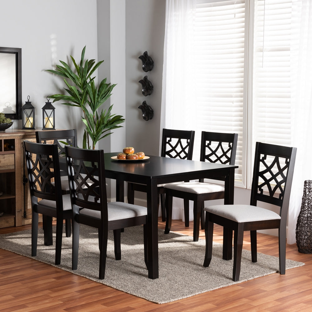 Baxton Studio Mael Modern And Contemporary Grey Fabric Upholstered And Dark Brown Finished Wood 7-Piece Dining Set