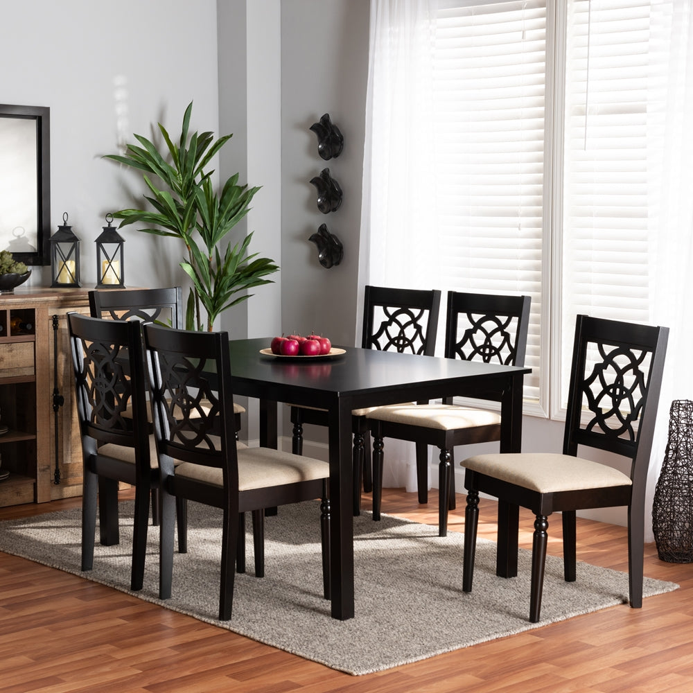 Baxton Studio Renaud Modern And Contemporary Sand Fabric Upholstered And Dark Brown Finished Wood 7-Piece Dining Set