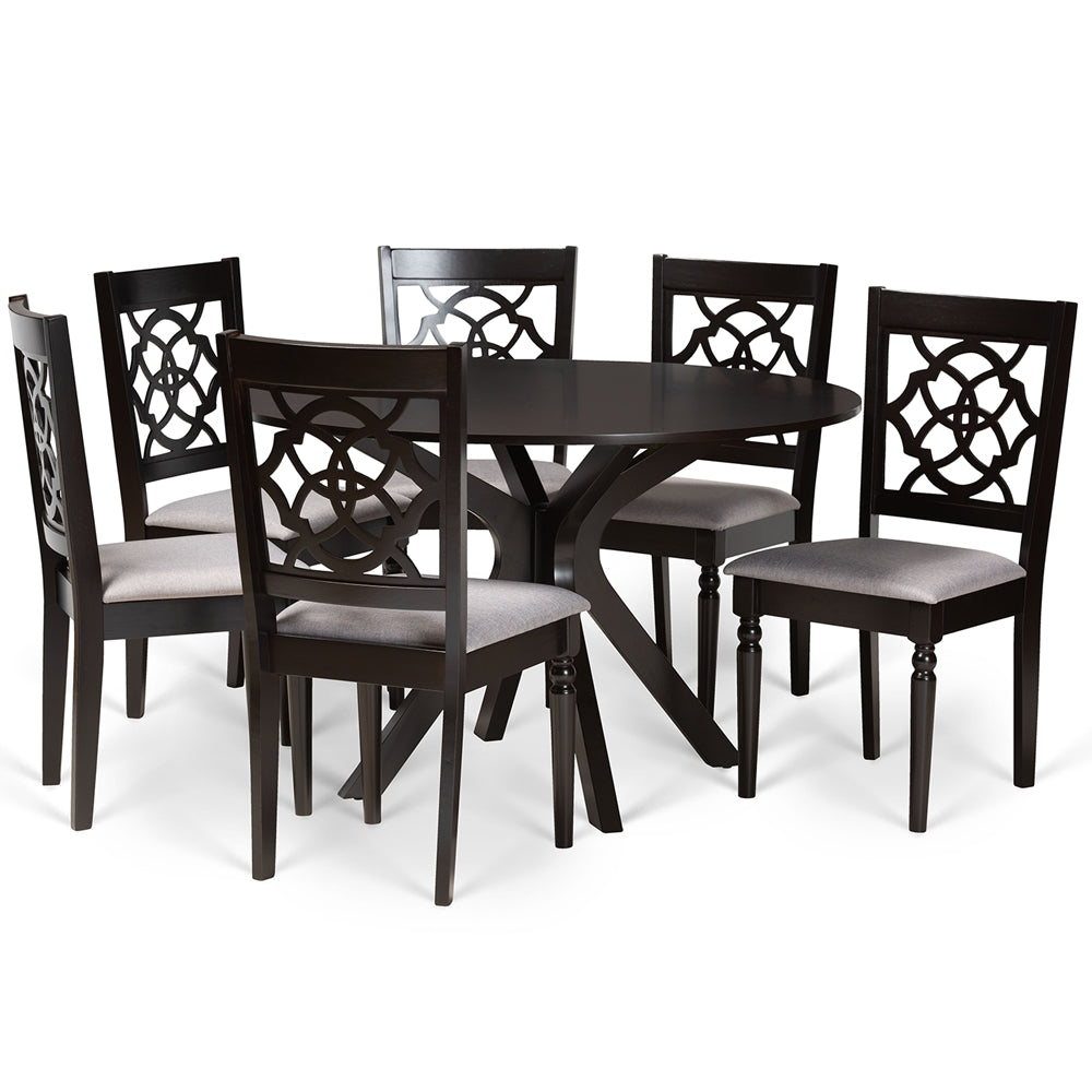 Baxton Studio Sadie Modern And Contemporary Grey Fabric Upholstered And Dark Brown Finished Wood 7-Piece Dining Set