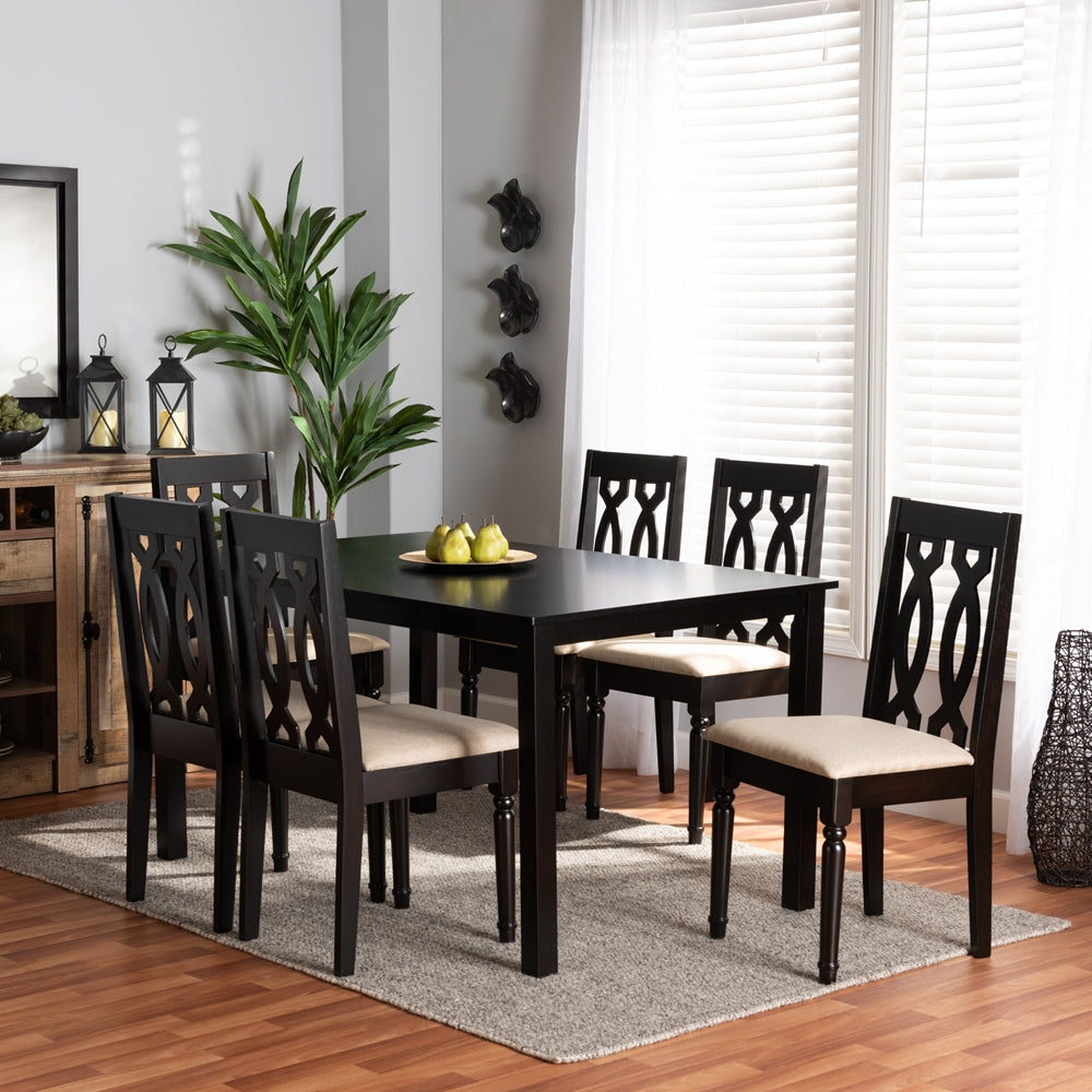 Baxton Studio Cherese Modern And Contemporary Sand Fabric Upholstered And Dark Brown Finished Wood 7-Piece Dining Set