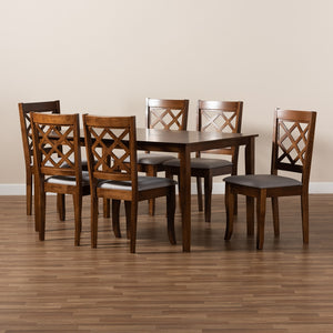 Baxton Studio Verner Modern And Contemporary Grey Fabric Upholstered And Walnut Brown Finished Wood 7-Piece Dining Set