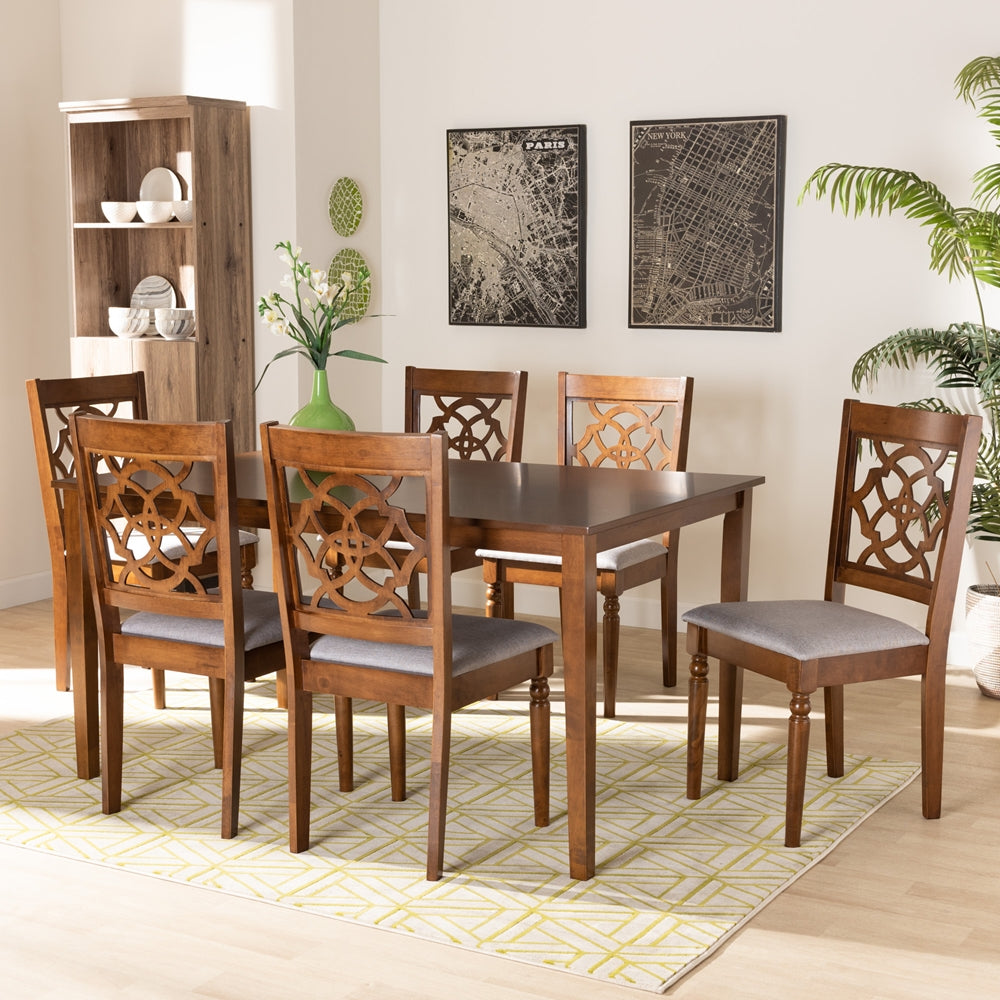 Baxton Studio Renaud Modern And Contemporary Grey Fabric Upholstered And Walnut Brown Finished Wood 7-Piece Dining Set