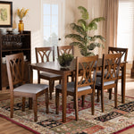 Load image into Gallery viewer, Baxton Studio Augustine Modern And Contemporary Grey Fabric Upholstered And Walnut Brown Finished Wood 7-Piece Dining Set
