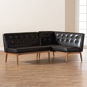 Baxton Studio Arvid Mid-Century Modern Dark Brown Faux Leather Upholstered 2-Piece Wood Dining Nook Banquette Set