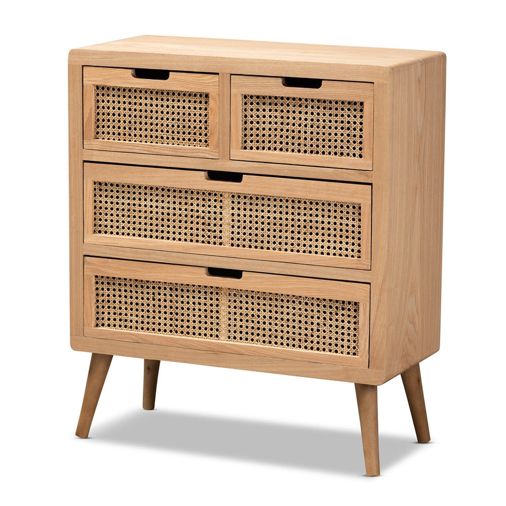 Baxton Studio Alina Mid-Century Modern Medium Oak Finished Wood And Rattan 4-Drawer Accent Storage Cabinet