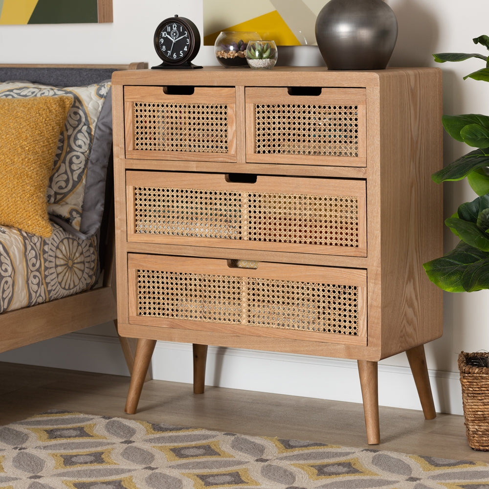 Baxton Studio Alina Mid-Century Modern Medium Oak Finished Wood And Rattan 4-Drawer Accent Storage Cabinet