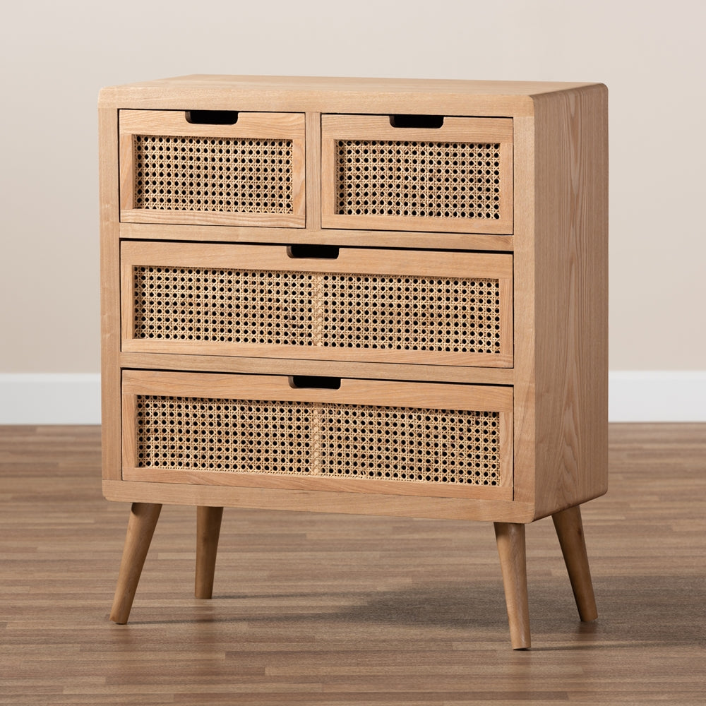 Baxton Studio Alina Mid-Century Modern Medium Oak Finished Wood And Rattan 4-Drawer Accent Storage Cabinet