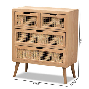 Baxton Studio Alina Mid-Century Modern Medium Oak Finished Wood And Rattan 4-Drawer Accent Storage Cabinet