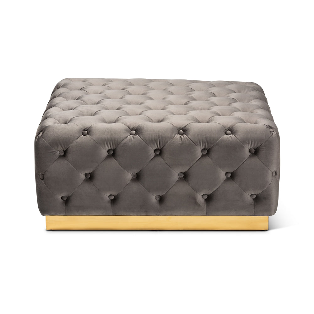 Baxton Studio Verene Glam And Luxe Grey Velvet Fabric Upholstered Gold Finished Square Cocktail Ottoman