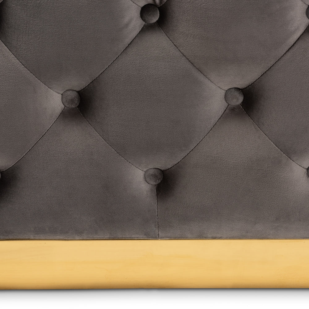 BAXTON STUDIO VERENE GLAM AND LUXE GREY VELVET FABRIC UPHOLSTERED GOLD FINISHED SQUARE COCKTAIL OTTOMAN