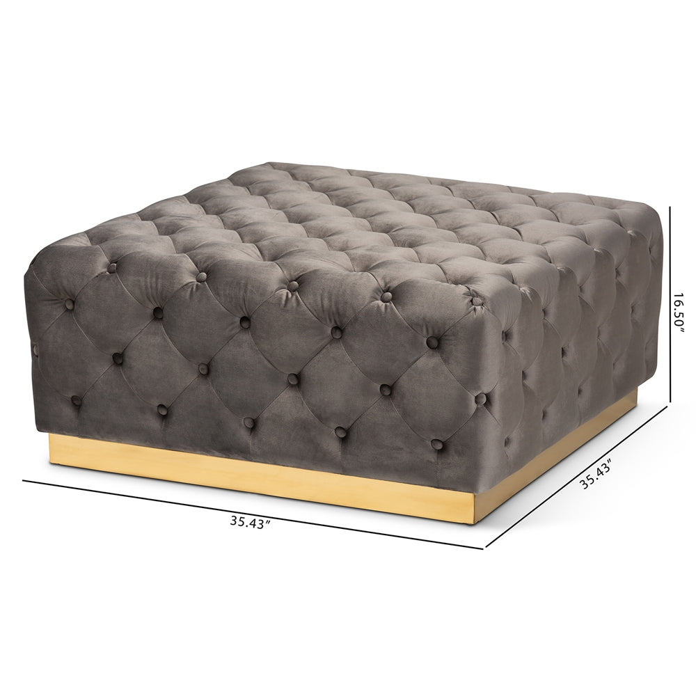 Baxton Studio Verene Glam And Luxe Grey Velvet Fabric Upholstered Gold Finished Square Cocktail Ottoman