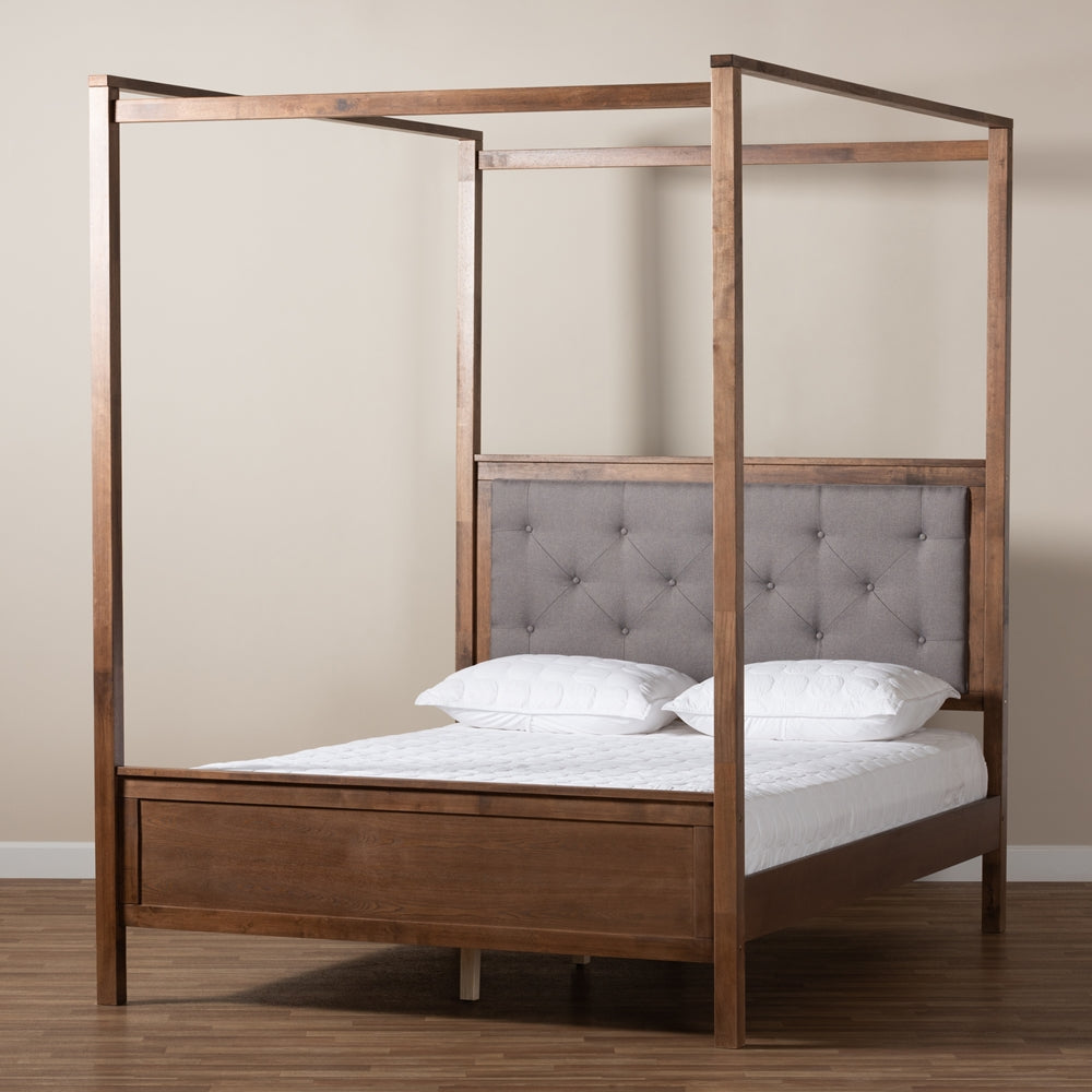 Baxton Studio Natasha Modern And Contemporary Grey Fabric Upholstered And Walnut Brown Finished Wood King Size Platform Canopy Bed