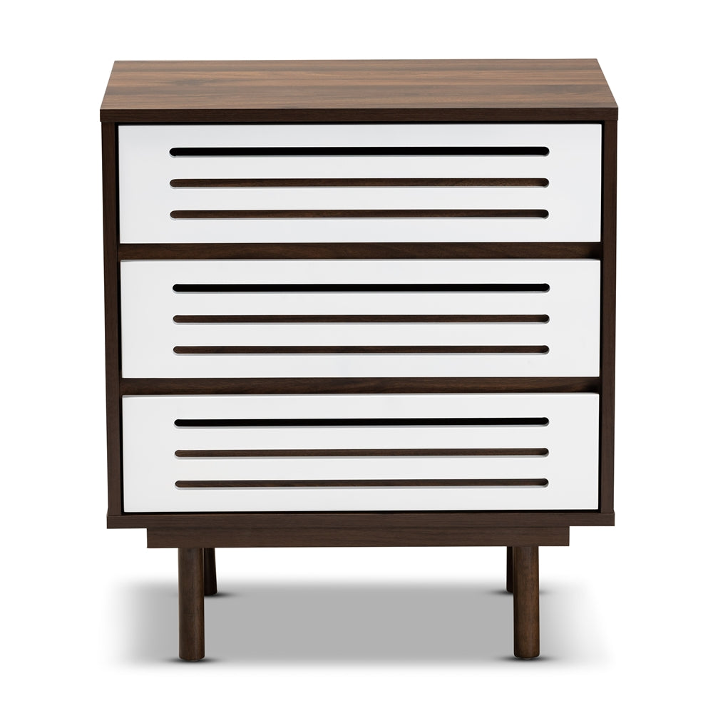 Baxton Studio Meike Mid-Century Modern Two-Tone Walnut Brown And White Finished Wood 3-Drawer Nightstand