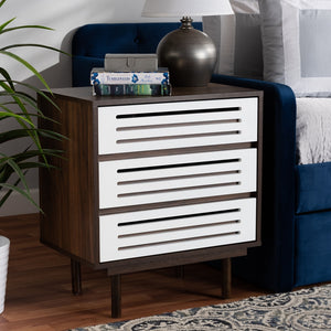 BAXTON STUDIO MEIKE MID-CENTURY MODERN TWO-TONE WALNUT BROWN AND WHITE FINISHED WOOD 3-DRAWER NIGHTSTAND